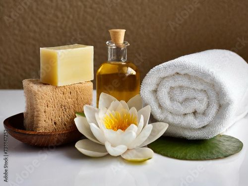 Gua sha facial stone, cosmetic bottles, towels and candle on wooden background still life stock photo images. Spa and wellness setting with massage stone. Beauty spa treatment composition images