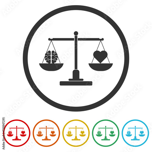 Фотография Heart and brain on scales icon. Set icons in color circle buttons