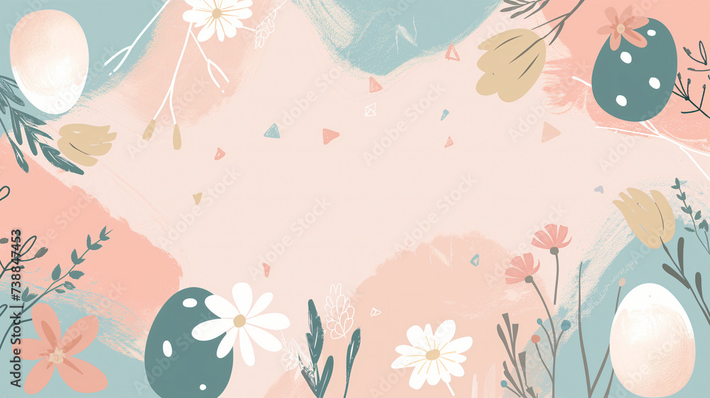 Cute Easter background with hand drawn simple eggs and flowers. Pastel color palette. Copy space Cute Easter background with hand drawn simple eggs and flowers. Pastel color palette. Copy space