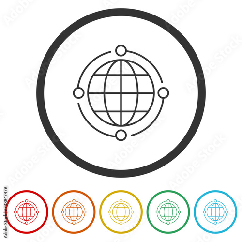 Global relocation line outline icon. Set icons in color circle buttons
