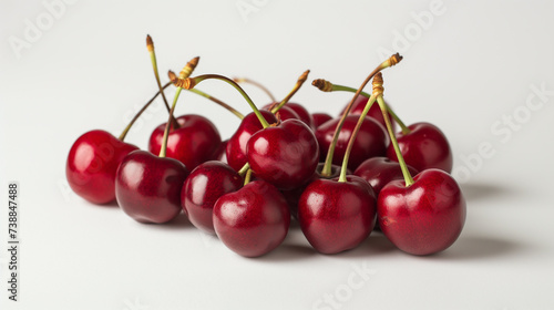 A group of Fresh organic cherries with stalks on the table on a white background. Space for text, Generative AI