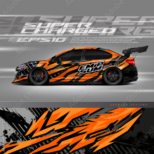 Racing car wrap design vector. Graphic abstract stripe racing background kit designs for wrap vehicle, race car, rally, adventure and livery