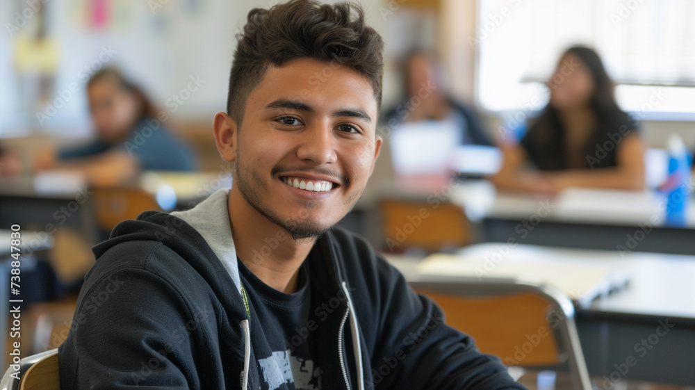 male college student sitting a classroom smiling male college student sitting a classroom smiling