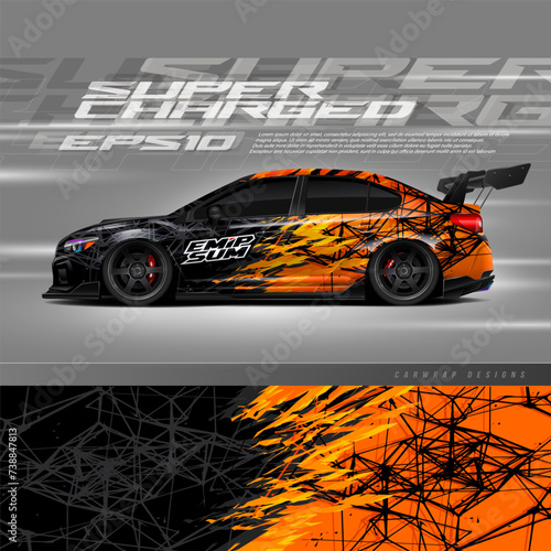 Racing car wrap design vector. Graphic abstract stripe racing background kit designs for wrap vehicle, race car, rally, adventure and livery