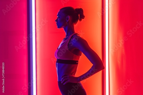 a woman standing in front of a neon light