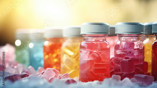 Colorful Translucent Gelatin chewable gummy supplements Background, copy space photo