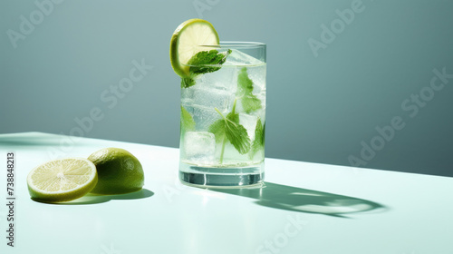 Refreshing Mojito Cocktail with Lime and Mint in Tall Glass with copy space