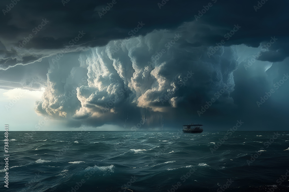 Lone boat peacefully drifts on gentle waves of ocean under sky filled with thick clouds, creating moody and atmospheric scene