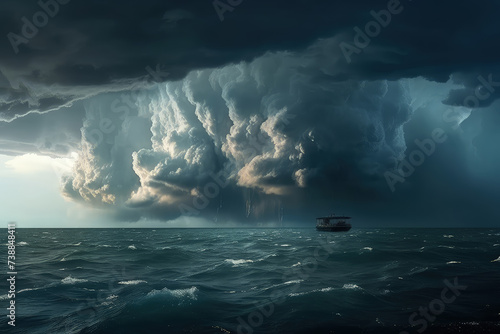 Lone boat peacefully drifts on gentle waves of ocean under sky filled with thick clouds, creating moody and atmospheric scene