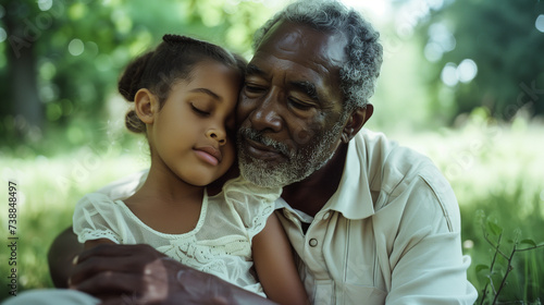black african american father and child, dad and daughter bonding. Father and daughter cuddling. Grandparent and grandchild. Father's day concept