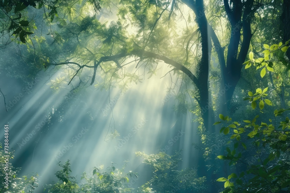 A dense forest with sunlight streaming through the branches. A dense forest with sunlight streaming through the branches.