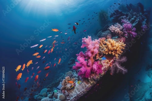 A deep ocean shot of a vibrant coral reef and tropical fish. © SaroStock