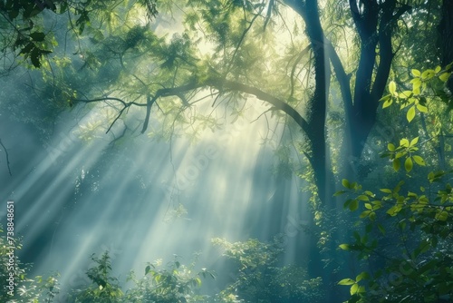 A dense forest with sunlight streaming through the branches.