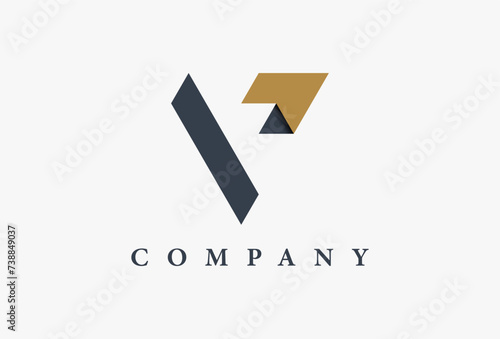 Initial Letter V logo with arrow inside. Black and Gold color typeface for Growth corporate Business brand identity, related with fast delivery labels, finance, success technology, marketing.