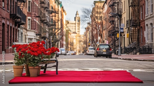 Red rug is laid out on pavement of street, adorned with colorful flowers. Vibrant scene adds pop of color to urban environment