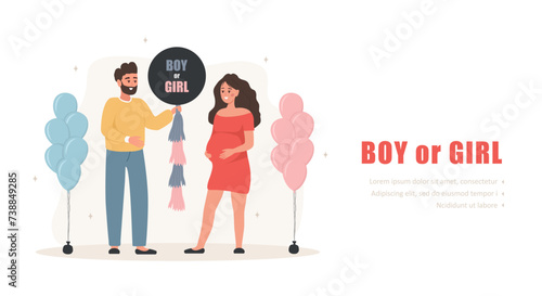 Gender reveal party concept. Couple holding balloon with inscription Boy or girl. Family dreaming about of her future baby. Pregnant woman hugs her tummy. Baby shower. Cartoon vector illustration.