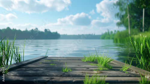 Tranquil Lakeside Jetty with Lush Greenery on a Sunny Summer Day