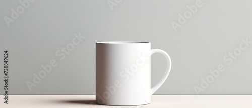 A simple white mug with no decoration sitting on a plain background in a minimalistic style.