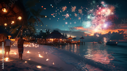Tropical Beach Fireworks Celebration at Sunset