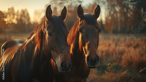  A pair of horses stand side by side.