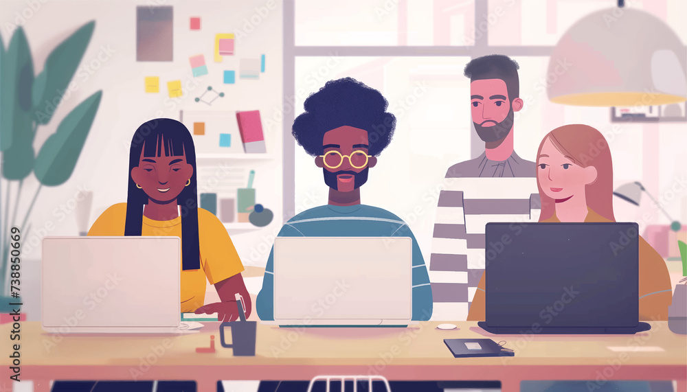 Casual teamwork - Diverse team of people working together with computers. Unity and support between colleagues concept. Flat vector illustration Casual teamwork - Diverse team of people working together with computers. Unity and support between colleagues concept. Flat vector illustration