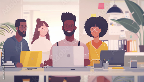Casual teamwork - Diverse team of people working together with computers. Unity and support between colleagues concept. Flat vector illustration