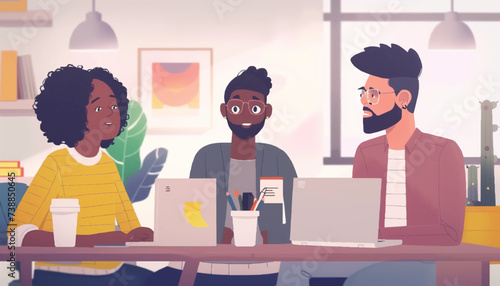 Casual teamwork - Diverse team of people working together with computers. Unity and support between colleagues concept. Flat vector illustration