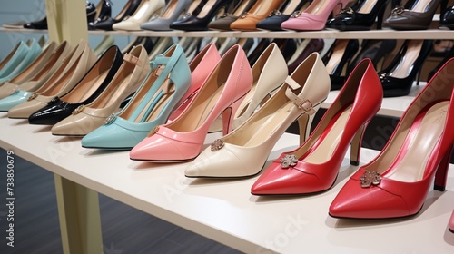 a group of different colored shoes on a shelf