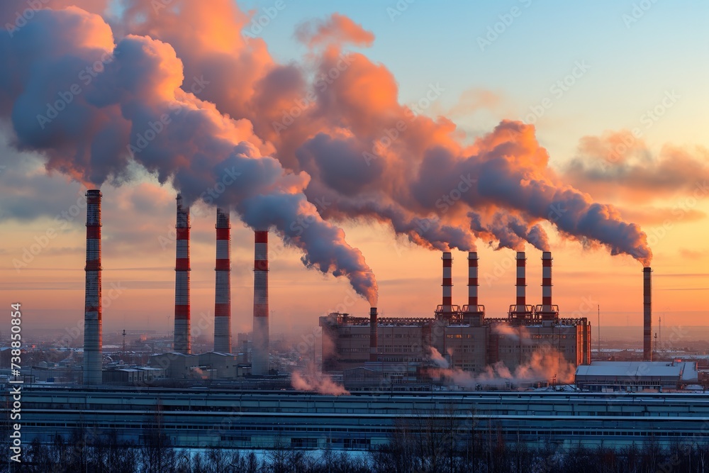 A factory emitting large quantities of smoke from its stacks, depicting industrial production and pollution.