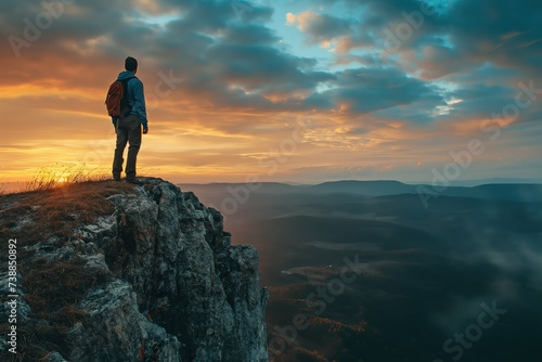 A man confidently stands on the edge of a cliff  overlooking a vast expanse of land and sky.