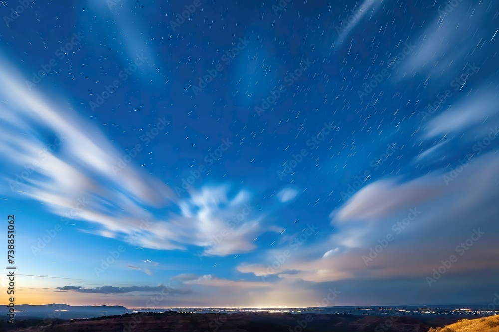 A photo showing a night sky filled with twinkling stars and wispy clouds, creating a magical atmosphere.