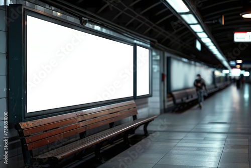 A bench sits against a blank for ad wall at a busy train statio