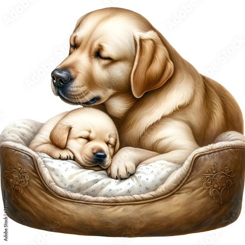 A mother Labrador Retriever and her puppy can capture the essence of this beloved breed's friendly nature, Mom and baby animals, Dog portrait, Watercolor clipart, Transparent background PNG,