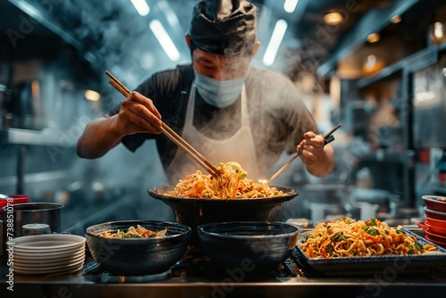 A man is seen in a kitchen using chopsticks to prepare food, possibly Japanese ramen. He is focused on the task at hand. photo