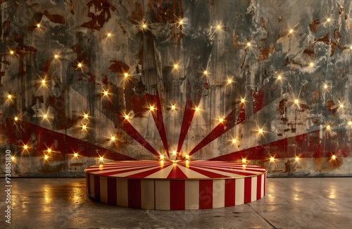 A vintage circus podium complete with red and white stripes and golden lights for antique collectibles