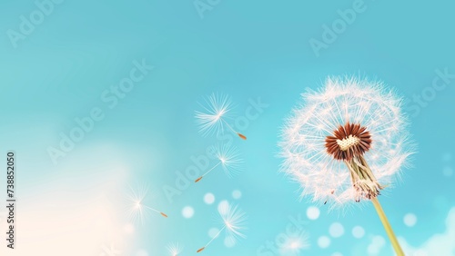 Closeup dandelion floating on blue sky background with space for copy text.