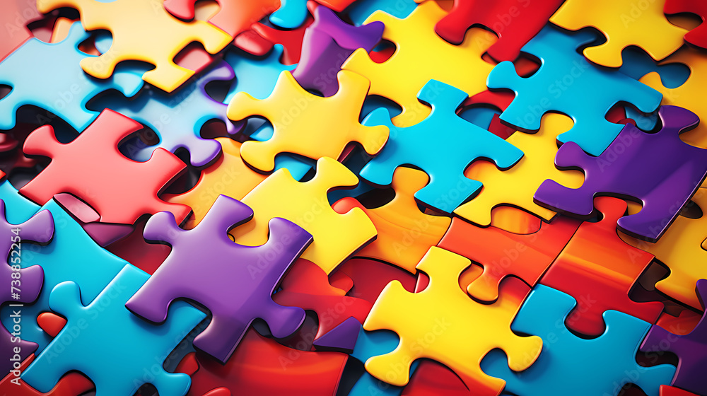 Colorful puzzle background on flat surface, scattered multi-color puzzle pieces Colorful puzzle background on flat surface, scattered multi-color puzzle pieces
