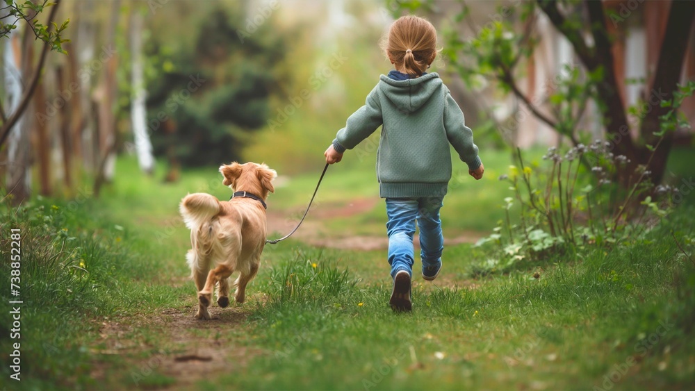 back view of a little girl and a dog running in the park.