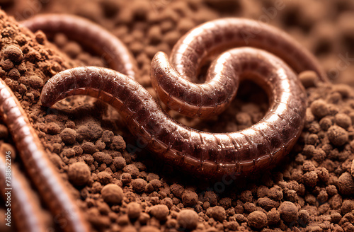 A close-up of a terrestrial organism, a snake, slithering on soil, captured through macro photography. photo