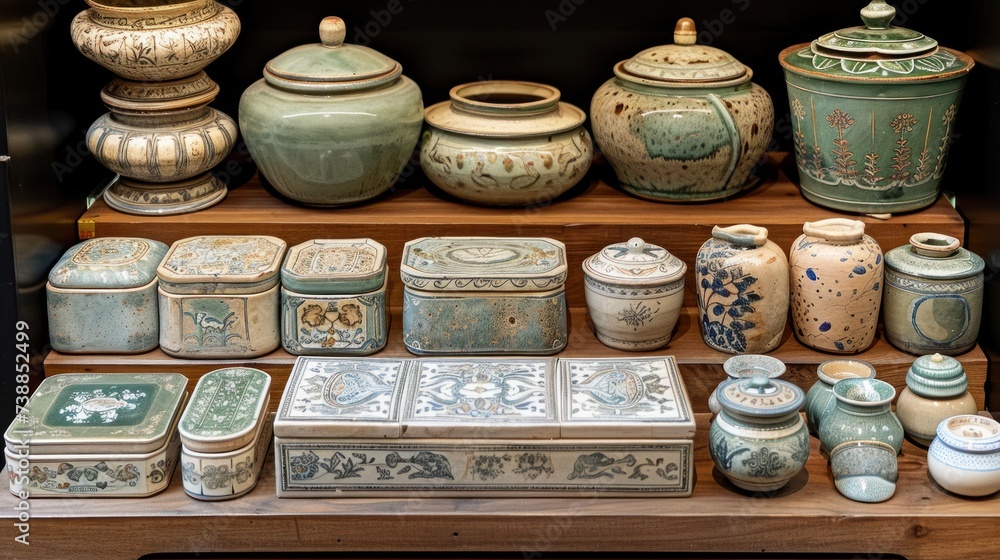 A variety of ceramic jars and boxes neatly arranged on a shelf, creating an organized display of different shapes and sizes