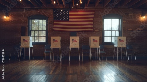 US American election, row of voting booths at polling station, 16:9