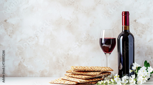 Still life for Passover Seder with wine, matzo and flowers on a textured light background. Religious Easter concept