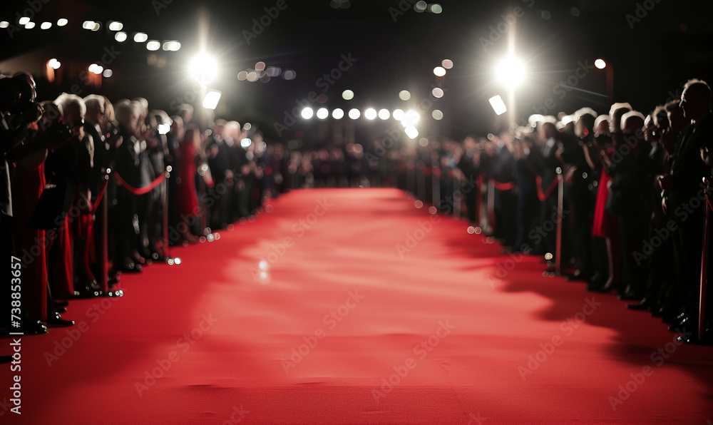 red carpet in a outdoor night with photographers on both side.  - obrazy, fototapety, plakaty 
