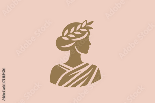 Woman in a wreath. Beautiful modern logo in antique style. Gold on pink background