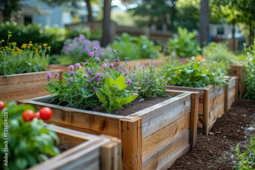 Vibrant raised garden beds teeming with flourishing vegetables, highlighting the rewards of cultivating organic produce at home