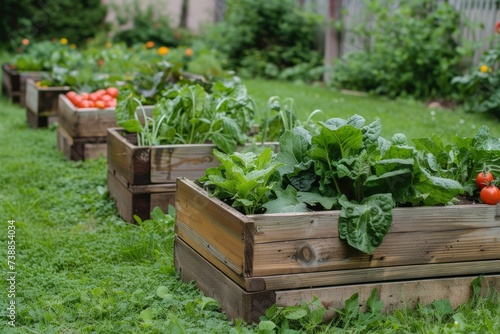 Flourishing backyard vegetable patch featuring raised beds, embodying the essence of sustainable, organic home gardening
