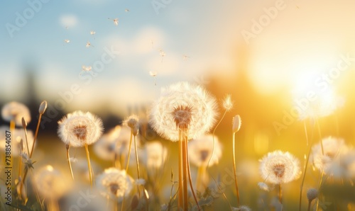 Fluffy dandelions glow in the rays of sunlight at sunset in nature on a meadow. Beautiful dandelion flowers in spring in a field close-up in the golden rays of the sun