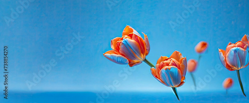 Orange tulip buds on a blue monochrome background #738854270