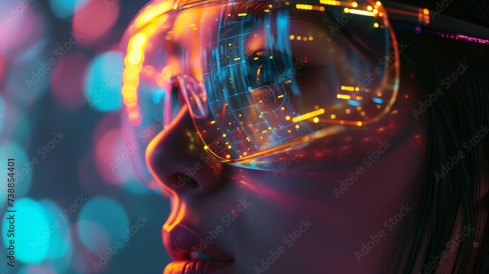 Close-up side view of a woman's face wearing a futuristic VR headset with holographic patterns overlaid on it showing vision. Background for futuristic technology and business presentation. Close-up side view of a woman's face wearing a futuristic VR headset with holographic patterns overlaid on it showing vision. Background for futuristic technology and business presentation.