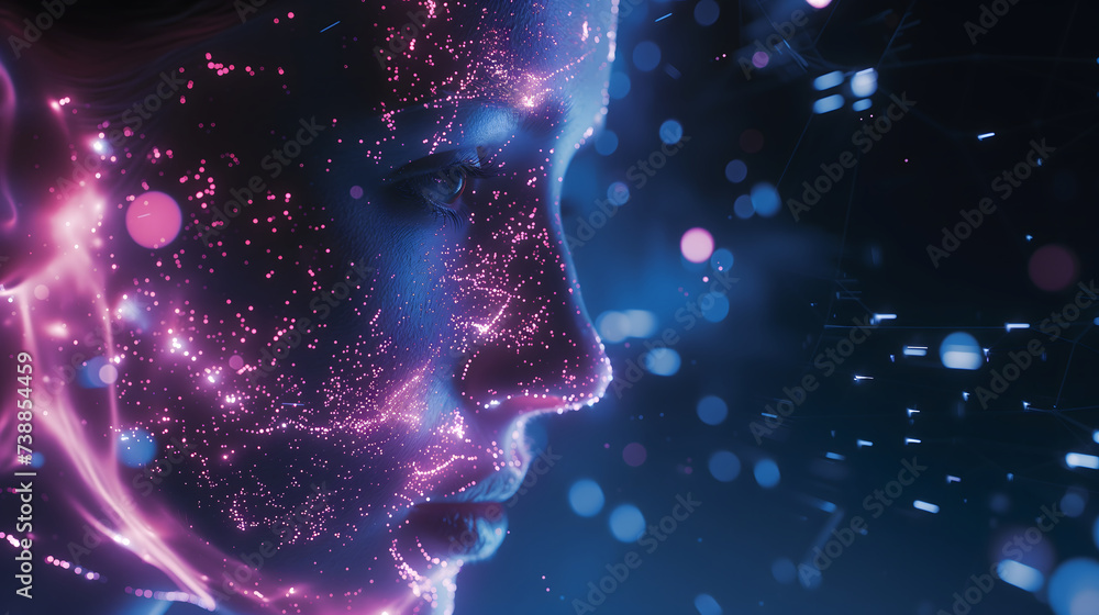 Side view of woman with holographic pattern overlaid on face. Neon purple and blue color scheme. Background for futuristic technology and business presentation.